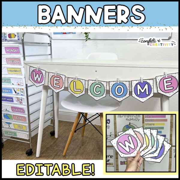 Shows the welcome banner on a white desk with the bright and simple classroom theme in background