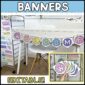 Shows the welcome banner on a white desk with the bright and simple classroom theme in background
