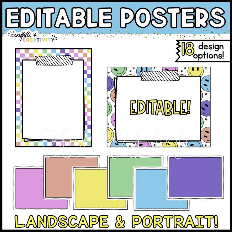 Shows portrait as well as landscape bright and simple themed posters. The posters are text editable so teachers can create whatever they need to for their classroom