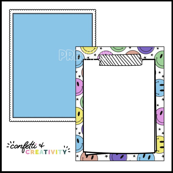 Editable Classroom Posters - Portrait Posters Shows a bright blue and smiley face portrait (vertical) classroom poster. Both poster designs are blank indicating that teachers can add their own text
