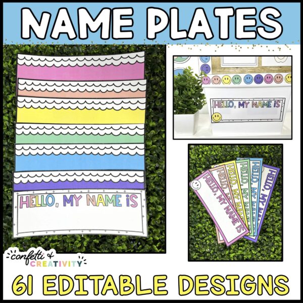 Shows multiple student desk name plates that are blank and laid on a green grass panel