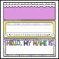 Shows multiple example student desk name plates. Includes things like an alphabet line, a dotted line, and many other things