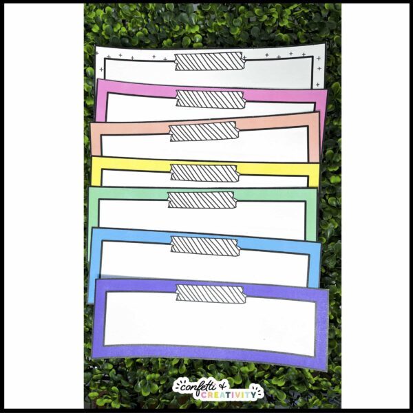 Student Desk Name Plates - Real Name Plates Shows multiple name plates that are blank. All name plates have right colors like pink, green, blue, purple, and many other bright colors