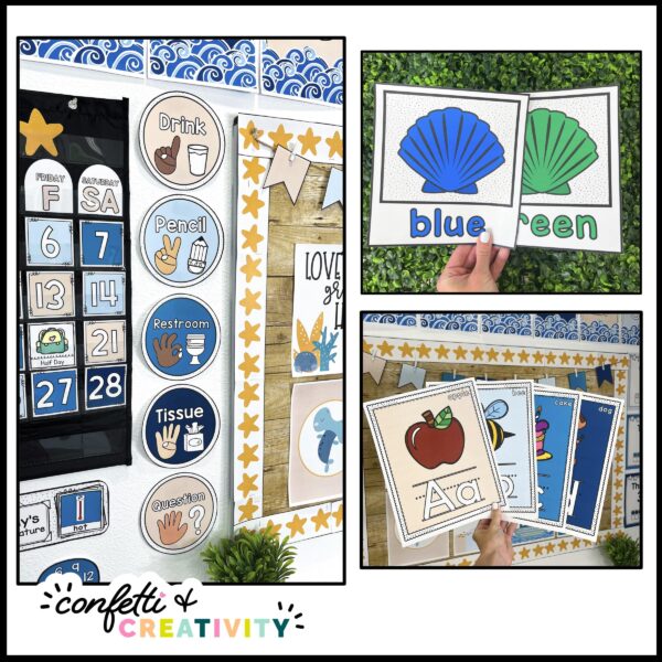 Ocean Theme Classroom Decor Bundle - Multiple Images Shows the ocean color posters, alphabet with pictures, and many other photographs from a real classroom that's decorated with the ocean themed classroom set