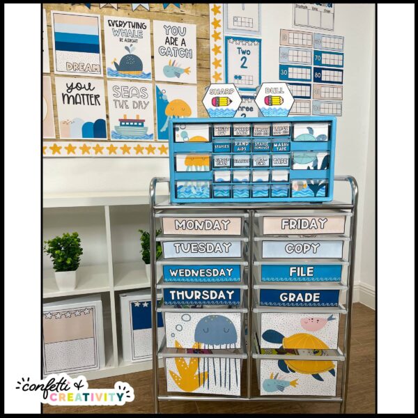 Ocean Theme Classroom Decor Bundle - Teacher Toolbox and 10 Drawer Cart Shows a blue teacher toolbox with ocean themed labels along with a decorated 10 drawer cart that has blue colors and ocean clipart on it