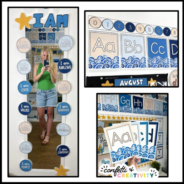 Ocean Theme Classroom Decor Bundle - Multiple Images Shows Megan doing a selfie in an affirmation mirror that has "I Am" at the top of the mirror. Also features ocean themed alphabet posters, number line, and so much more