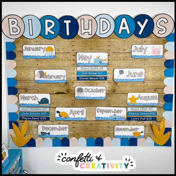 Ocean Theme Classroom Decor Bundle - Birthday Board Shows the Ocean themed classroom birthday board set up on a bulletin board. The board has a wooden bulletin board backdrop with ocean themed clipart for each month. The board also features a printable set of bulletin board borders that have a blue color scheme to match the Ocean theme