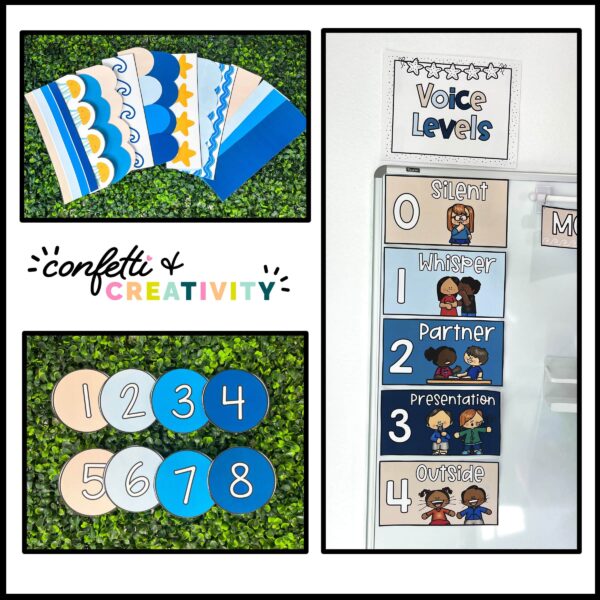 Ocean Theme Classroom Decor Bundle - Multiple Images for Classroom Management and Organization Shows printable bulletin board borders on a green grass panel as well a voice level chart that's helpful for classroom management. Also shows circle numbers which can help get you organized in your classroom