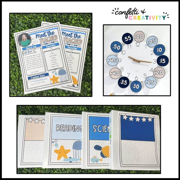 Ocean Theme Classroom Decor Bundle - Meet the Teacher, Clock Labels, and Binder Covers Shows ocean themed items such as the meet the teacher templates, clock labels, and binder covers. Every product has a blue set of colors as well as ocean themed clipart