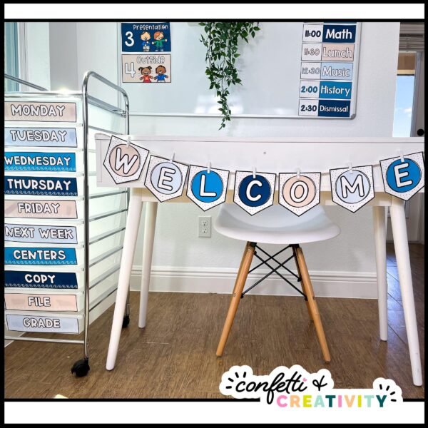 Ocean Theme Classroom Decor Bundle - Welcome Banner Shows a welcome banner setup on a white desk with other ocean themed decor in the background