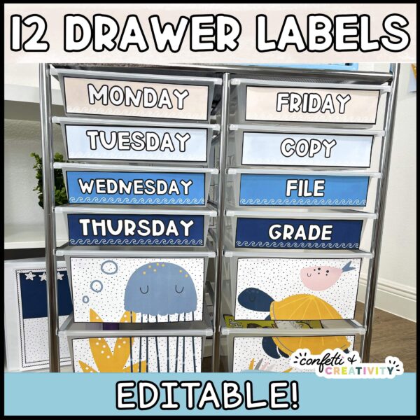 Shows the Ocean classroom theme 12 drawer cart labels