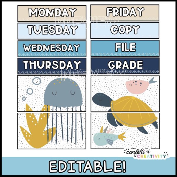 Ocean 12 Drawer Rolling Cart Labels 2 Shows a close up of the 12 drawer cart labels with a turtle and jelly fish clipart at the bottom of the labels