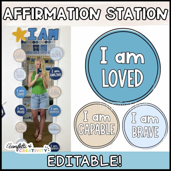 Shows Megan taking a selfie in the affirmation mirror with ocean themed affirmation posters