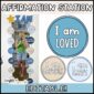 Shows Megan taking a selfie in the affirmation mirror with ocean themed affirmation posters