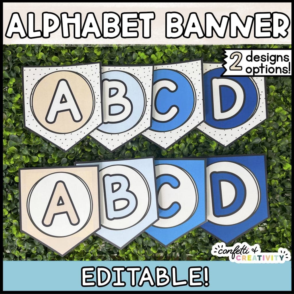 Shows the alphabet banner cards laid out on a green grass panel