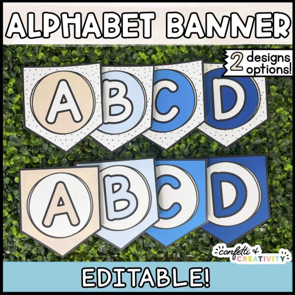 Shows the alphabet banner cards laid out on a green grass panel