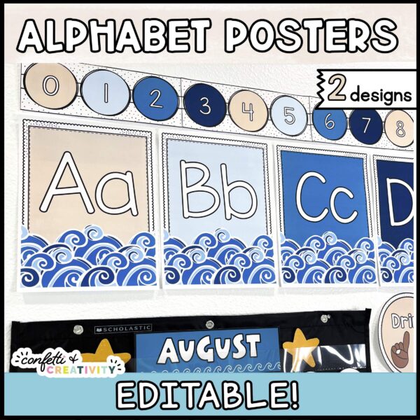 Shows the alphabet posters on a classroom wall