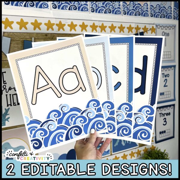 Ocean Alphabet Posters 2 Shows 4 different alphabet posters fanned out. Each alphabet poster has a blue or tan color to match the ocean classroom theme and a set of waves at the bottom of the poster