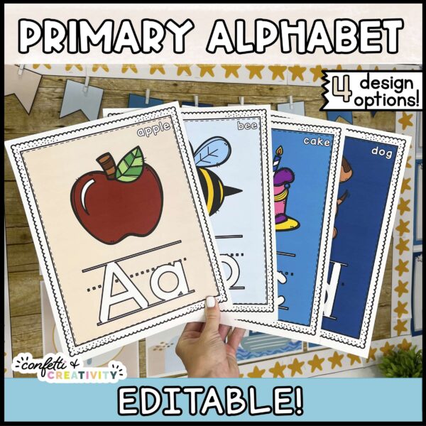 Shows example alphabet posters with images fanned out. The posters have a tan and blue color scheme to fit with the ocean classroom theme