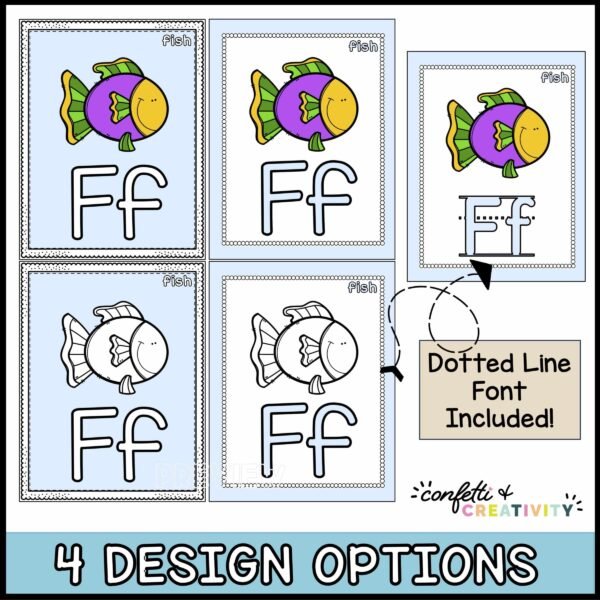Ocean Alphabet with Pictures - Color and Font Options Shows multiple options such as color and black and white clipart as well as a dotted line font. The example poster has a fish and the letter F on it