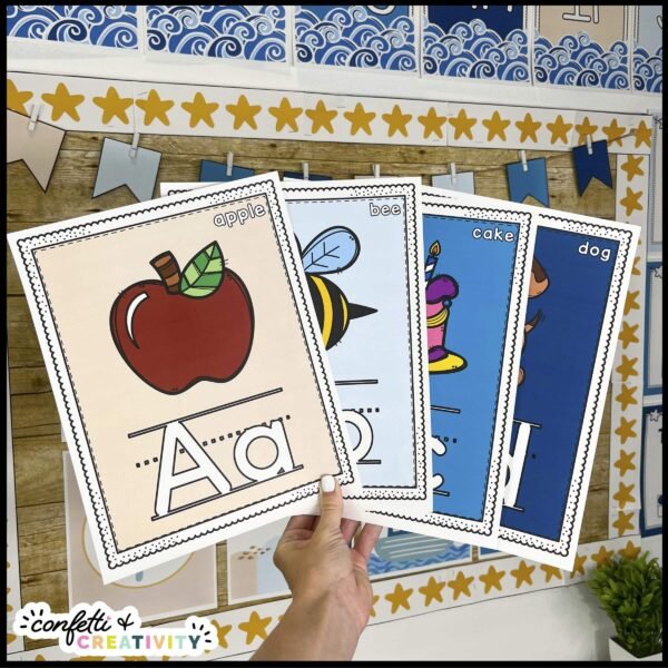 Ocean Alphabet with Pictures - Classroom Photo Shows four alpahbet posters fanned out with the ocean bulletin board setup in the background