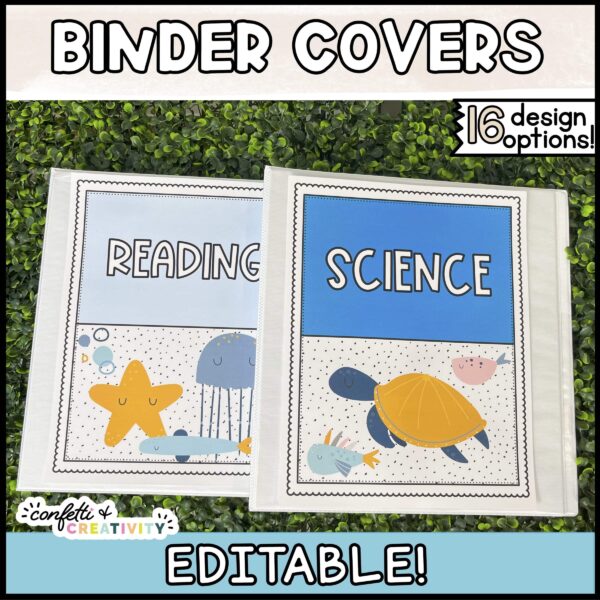 Shows the ocean binder cover examples with "Science" and "Reading". Each binder cover has an ocean animal and a blue and tan color palette to go with it