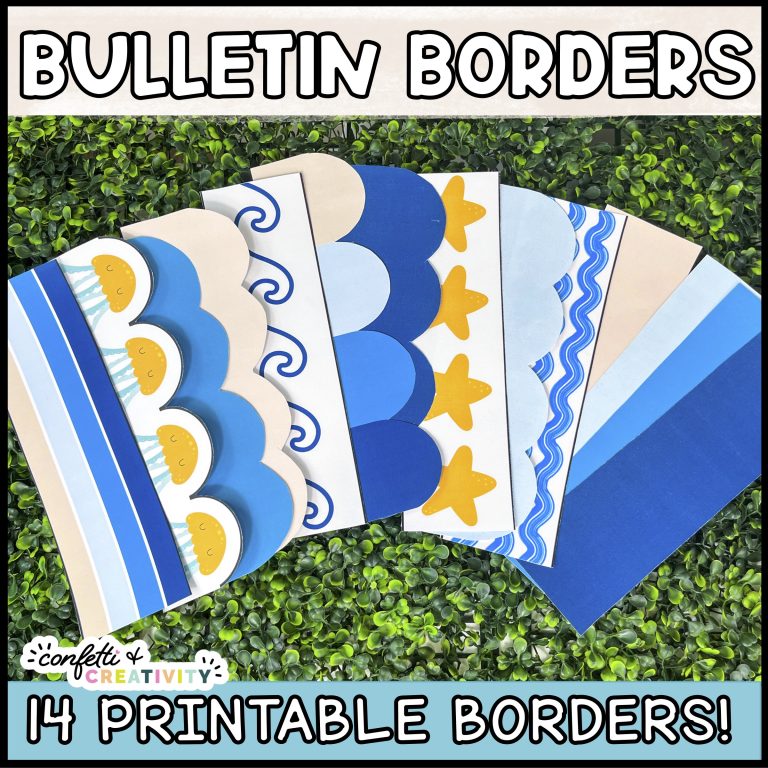Shows the printable bulletin board borders laid out on a grass panel