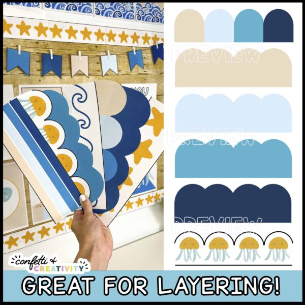 Ocean Bulletin Board Borders 3 Shows the printable bulletin board borders laid out on a grass panel