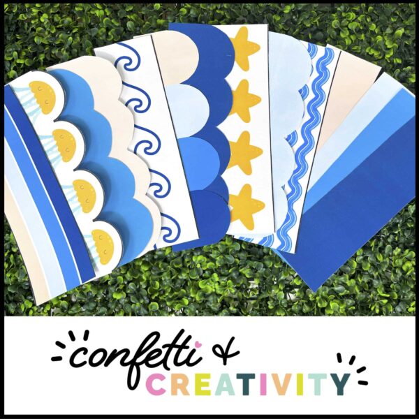 Ocean Bulletin Board Borders 4 Shows the printable bulletin board borders laid out on a grass panel