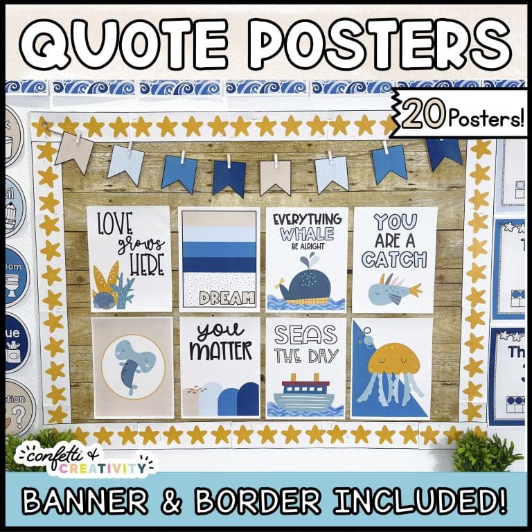 Shows the quote posters set up on a bulletin board with the text "Posters" on top of the image