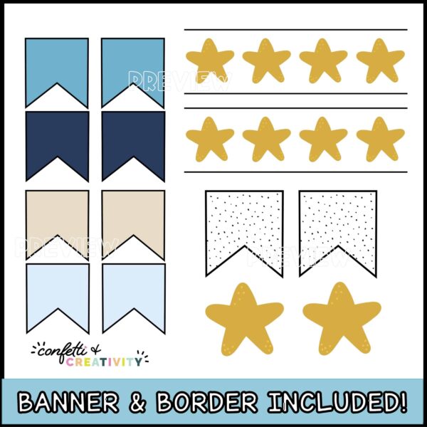 Ocean Classrom Inspirational Posters 3 Shows the banner and printable bulletin board borders close up. Features multiple blues and tan options that match the ocean classroom theme color scheme