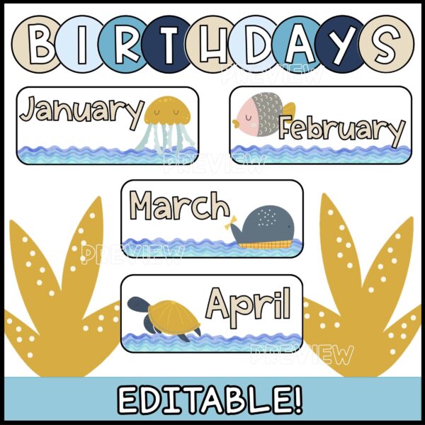 Ocean Classroom Birthday Display 2 Shows a close up of the clipart included in the ocean birthday board including month cards, and so much more
