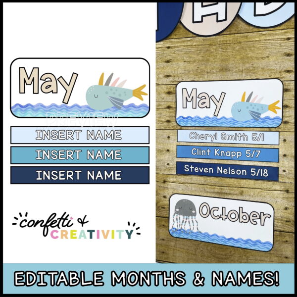 Ocean Classroom Birthday Display 3 Shows close up of the month of may with an ocean animal on it. Underneath each month there's a student name