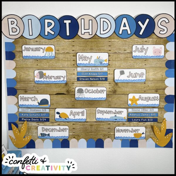 Ocean Classroom Birthday Display 4 Shows the ocean classroom theme birthday display. Each month has a different ocean animal with the student names underneath the month card