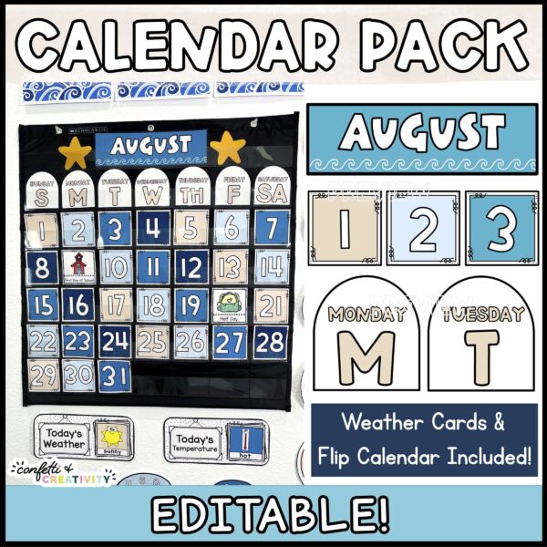 Shows the entire classroom calendar set up in a black pocket chart