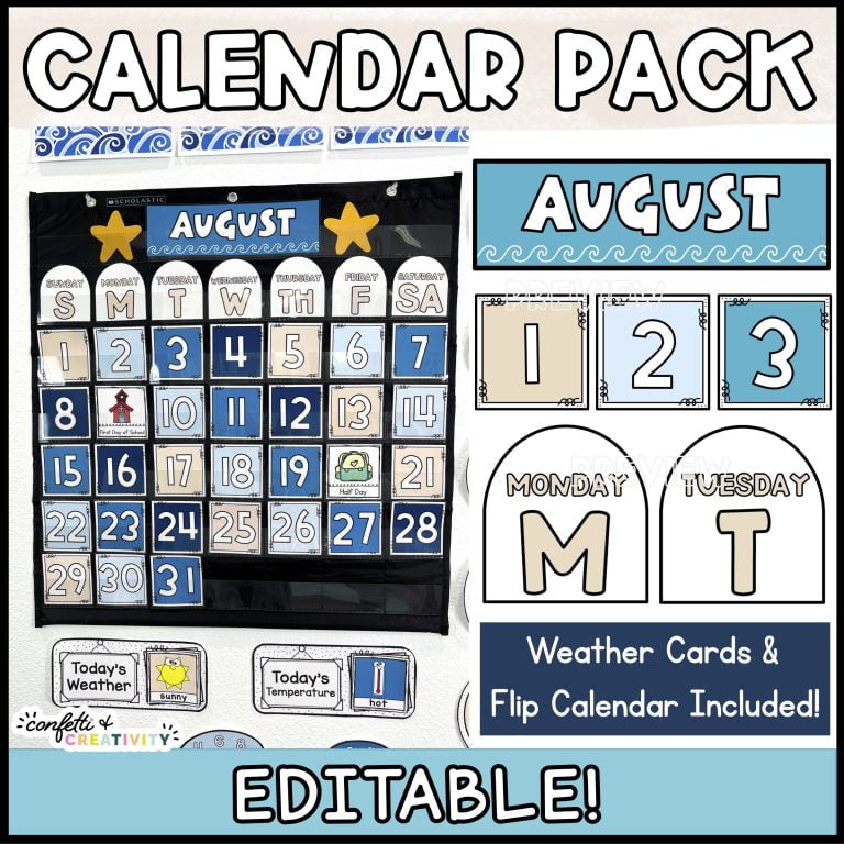 Shows the entire classroom calendar set up in a black pocket chart
