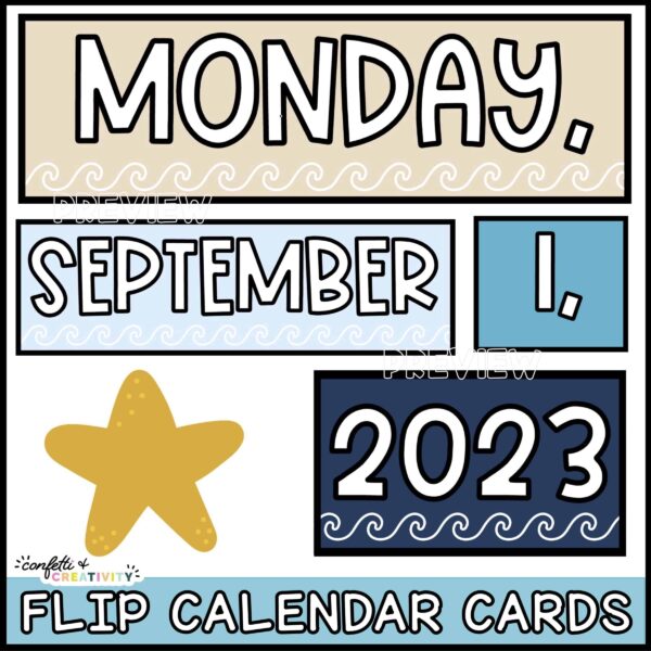 Ocean Classroom Calendar 2 Shows elements of the flip calendar with the ocean classroom theme colors