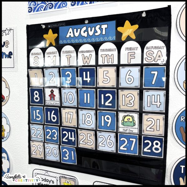 Ocean Classroom Calendar 4 Shows a side angle of the pocket classroom calendar