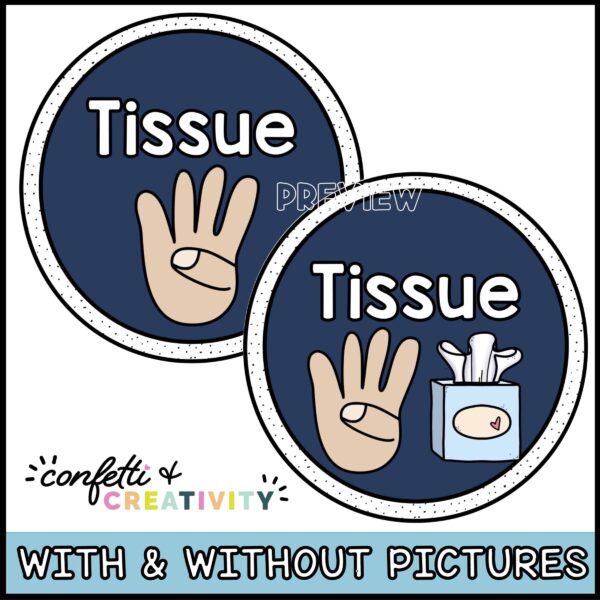 Ocean Classroom Hand Signals 3 Shows the options for tissues. One options comes with just the hand signal, and the other includes a hand signal as well as a tissue box to help younger students