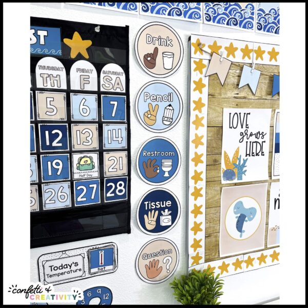 Ocean Classroom Hand Signals 4 Shows the classroom hand signals set up next to the classroom calendar in a real calssroom wall