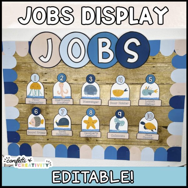 Shows a bulletin board decorated with the word "Jobs Display" at the top. Features ocean animals, an ocean classroom theme color palette with blue and tan as well as a numbering system