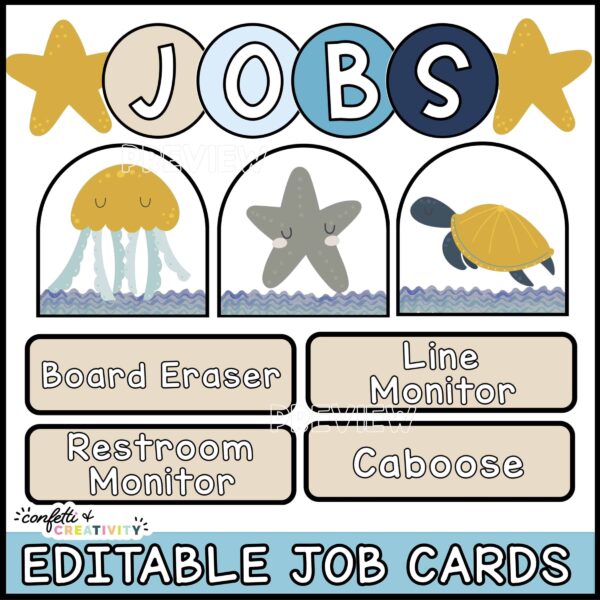Ocean Classroom Jobs - Snipped Image Shows a close up snipped image of the ocean animals with student names underneath and the header "Jobs" at the top of the image