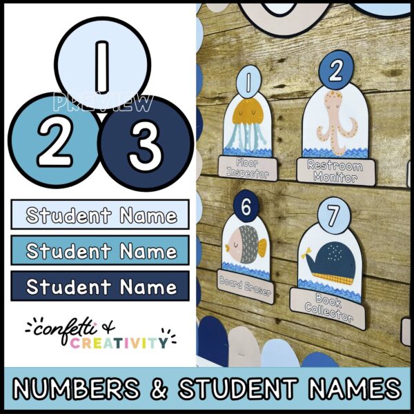 Ocean Classroom Jobs - Close Up Images Shows close up versions of the numbers, editable student names, and the job board set up