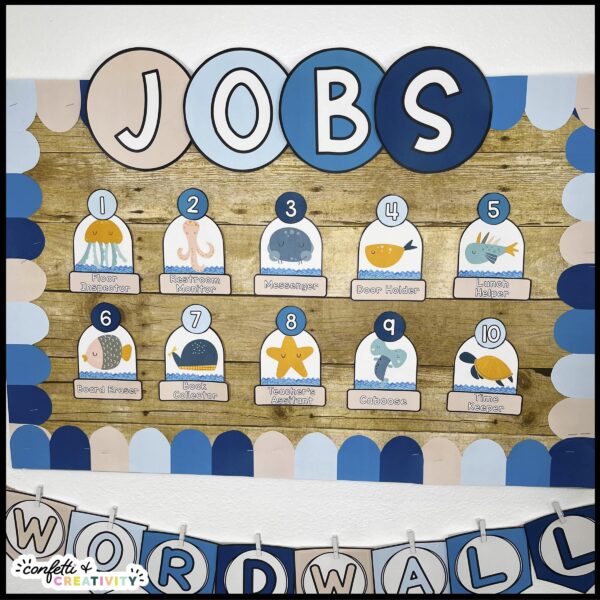 Ocean Classroom Jobs - Classroom Photo Shows the entire job board set up in a classroo