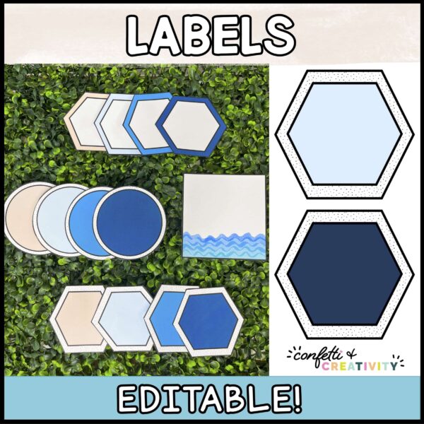 Shows multiple labels options laid out on a grass panel with the text "labels" at the top of the image