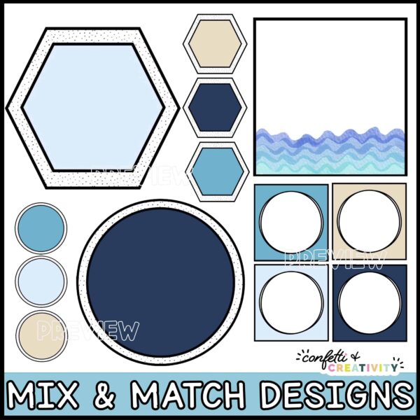 Ocean Classroom Labels 2 Shows multiple blank options of the labels. Includes options with the tan and blue labels as well as options that include ocean waves