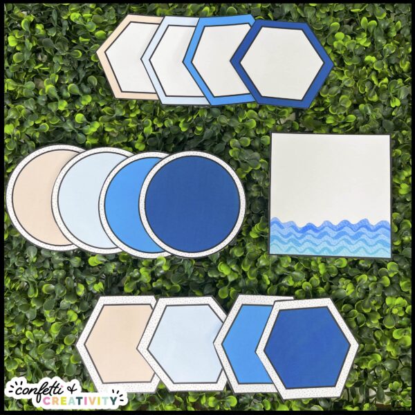 Ocean Classroom Labels 3 Shows multiple labels options laid out on a grass panel. All labels have a blue and tan color scheme to match the ocean classroom theme