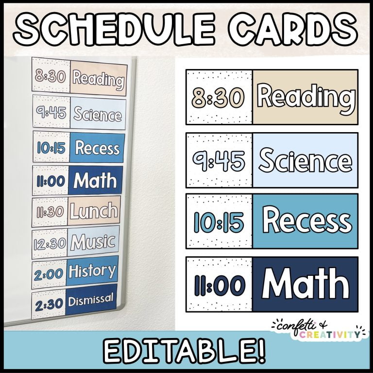 Shows the classroom schedule cards set up on a wall