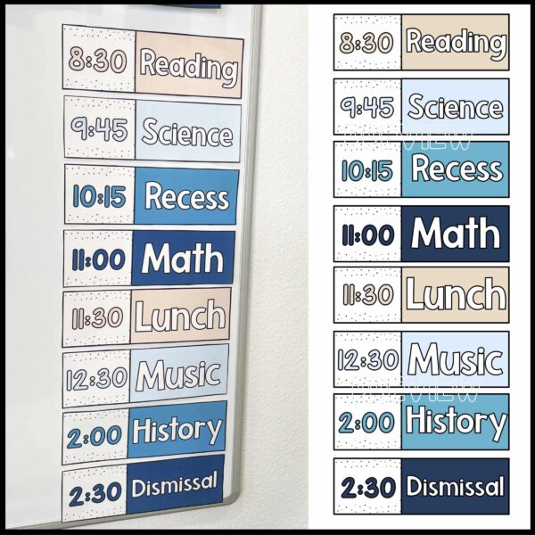 Ocean Classroom Schedule Cards 2 Shows the cards set up on a physical classroom wall with a close up of the schedule cards that are text edtiable