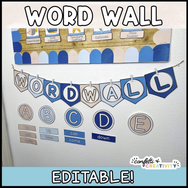 Shows the Word Wall from the Ocean Classroom theme. Features the word wall banner, letter headers, and sight words underneath each letter